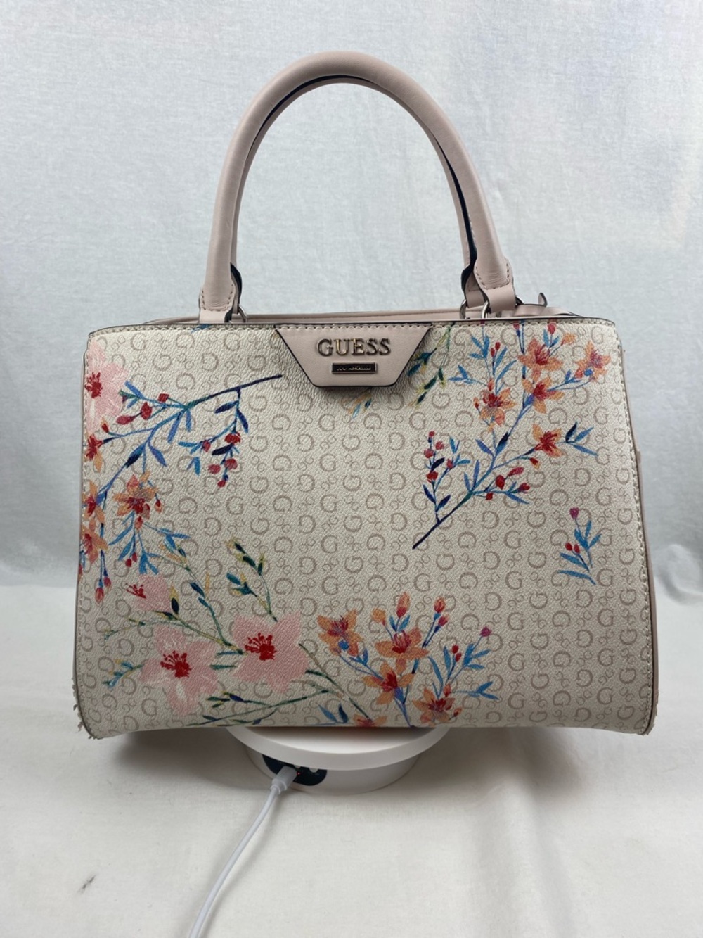 GUESS Beige Floral Print Satchel Handbag
